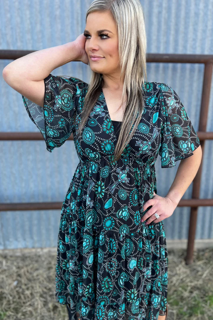 blue country dress STERLING KREEK Navajo – Shabby Chic West Texas Black & Orange Floral Where city glam meets Category:BRUNCH DRESSES Color:Black and Dusty Rose