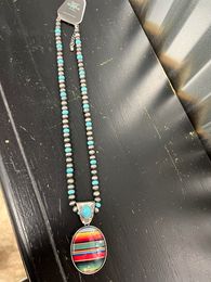 Navajo Necklace with grey & turquoise pearls and serape pendant