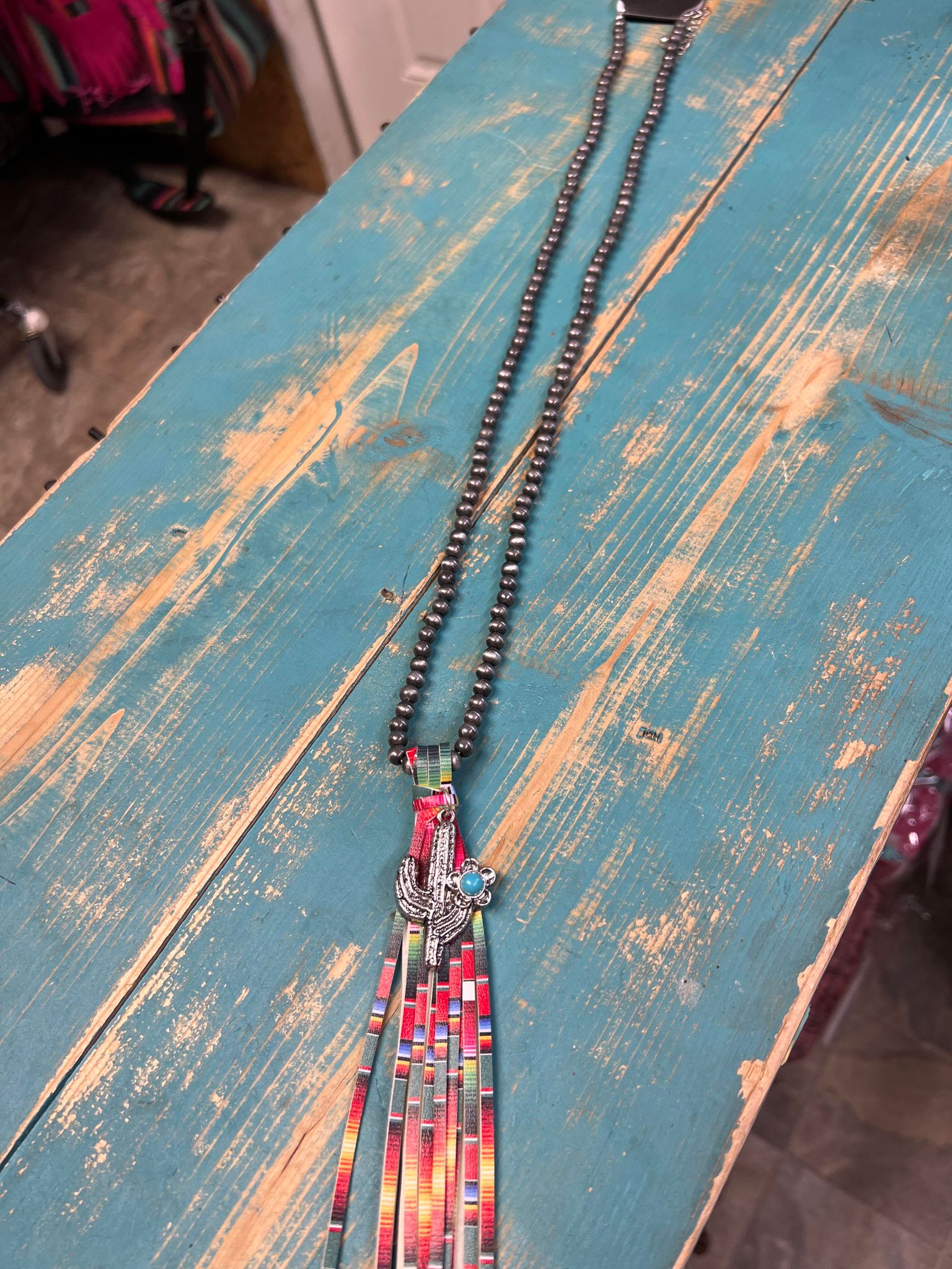 Long Navajo Pearl Necklace with Cactus pendant & serape fringe