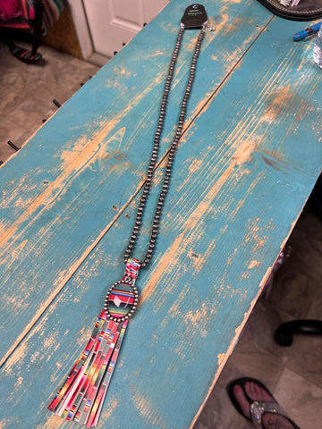 Long Navajo Pearl Necklace with Serape pendant & serape fringe