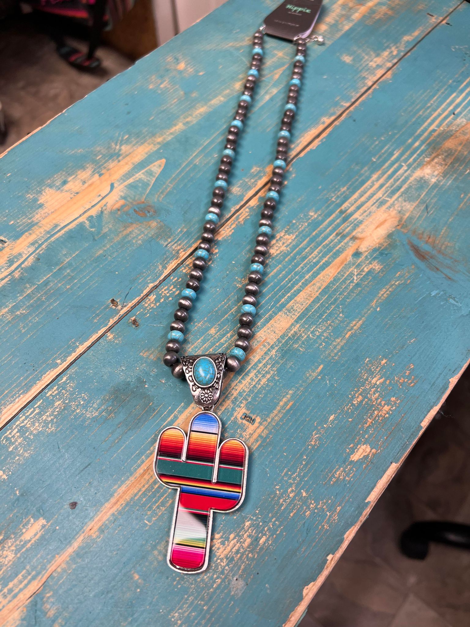 Turquoise & Navajo pearl Necklace w/ Large Serape Cross