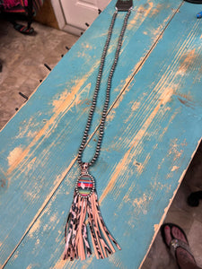 Long Navajo Pearl Necklace with Serape pendant & leopard fringe