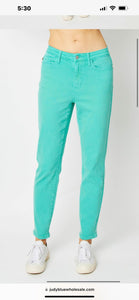 Judy Blue High Waist Garment Dyed Slim Turquoise Jeans.
