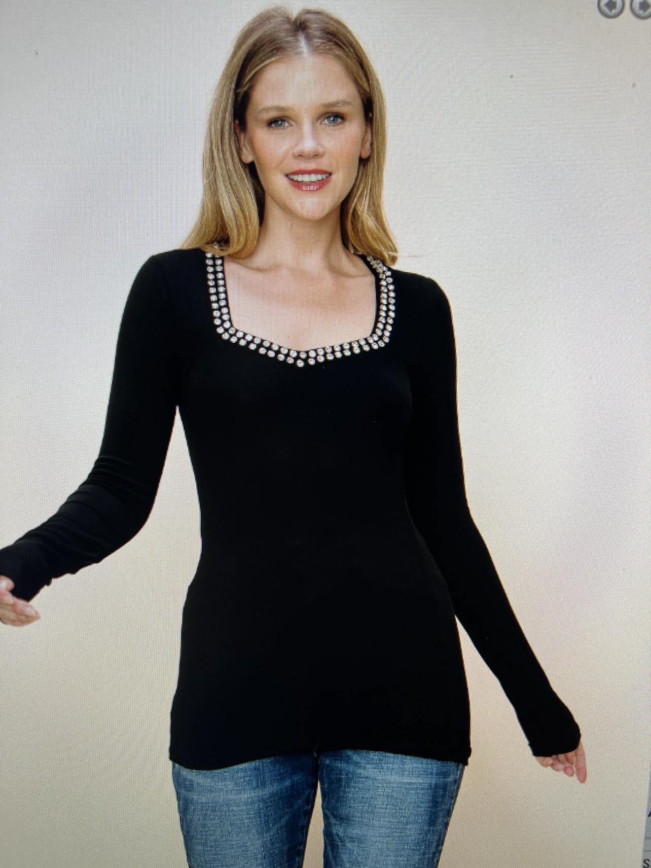 Vocal Black Long Sleeve Top with Rhinestone trimmed neckline