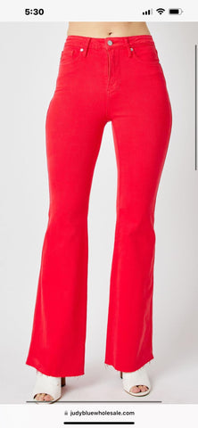Judy Blue High Waist Tummy Control Red Garment Dyed Frayed Jeans.