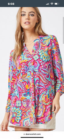 Dear Scarlett Hot Pink Multi Colored Paisley Lizzy Top