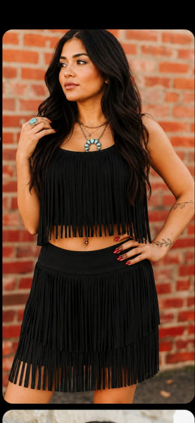 L&B lightweight suede feel fringe skirt & crop top set (Black or Teal)
