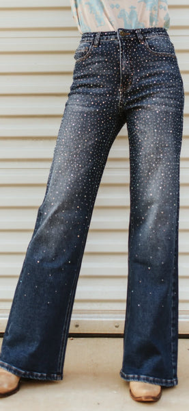 L&B dark blue denim with bling rhinestones all over boyfriend medium rise