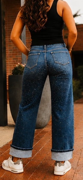 L&B dark blue denim with bling rhinestones all over boyfriend medium rise