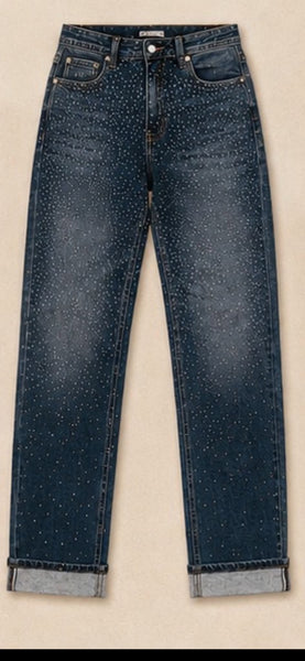 L&B dark blue denim with bling rhinestones all over boyfriend medium rise