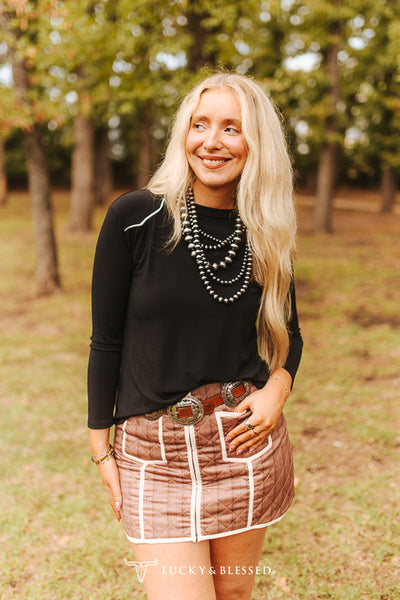 L&B Black Western Yoke Contrast Piping Long Sleeve Top
