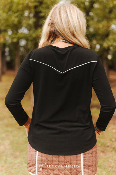 L&B Black Western Yoke Contrast Piping Long Sleeve Top