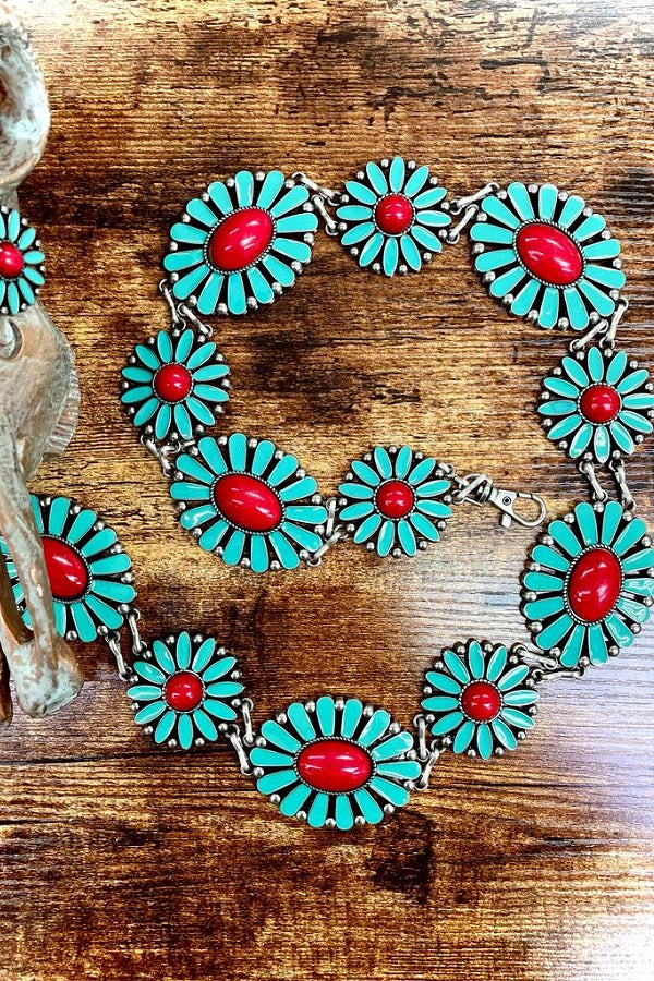 Stone Floral Concho Belt (Turquoise or Red)