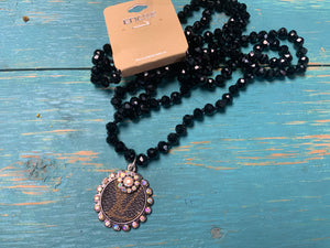 Long black bead necklace with round Upcycled charm