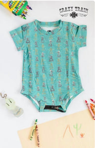 Crazy Train Baby's "Rough House Onesie" Green Cowboys & Indians
