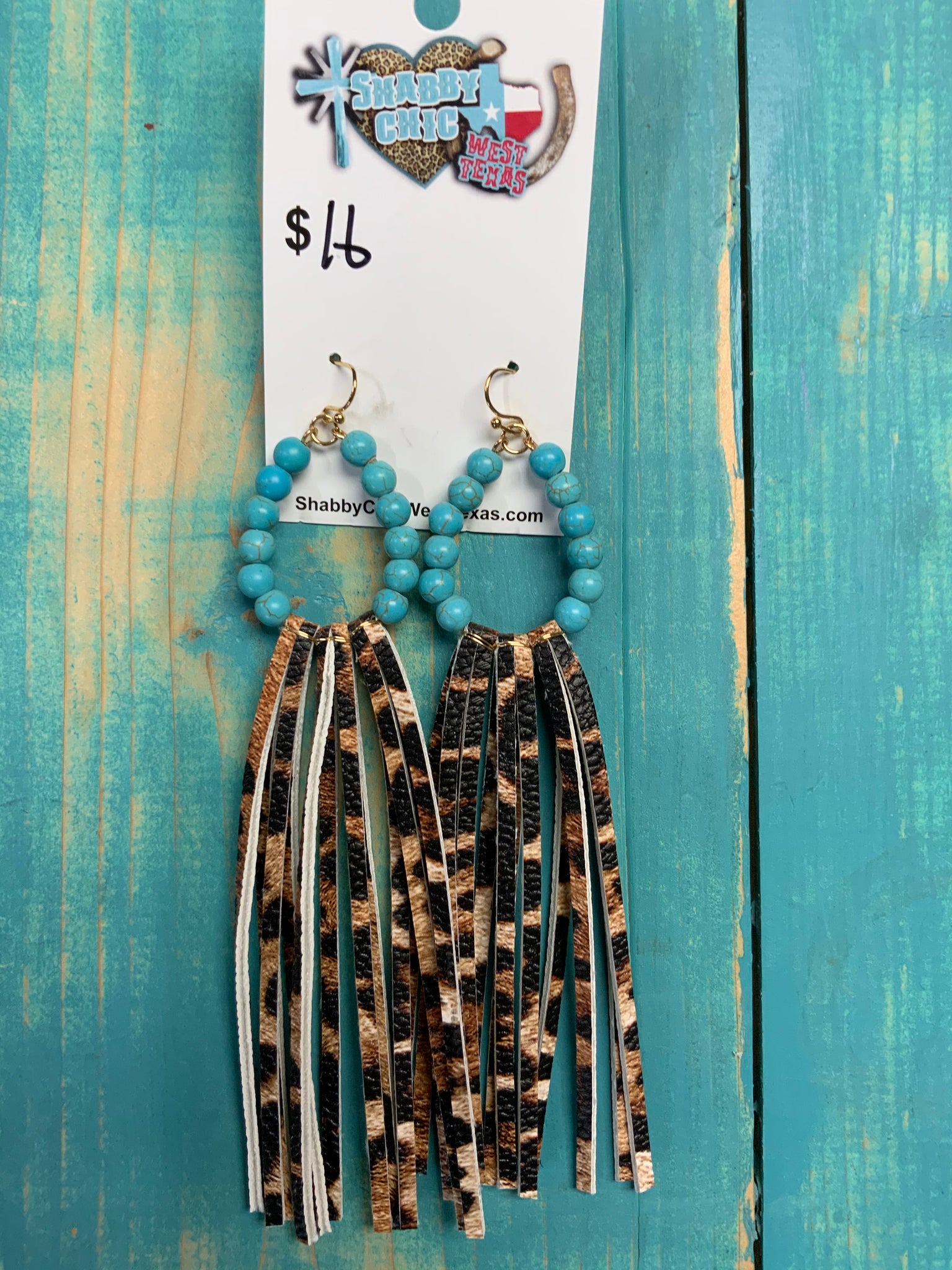 Cheekys small oval turquoise beads with Leopard Fringe Earrings