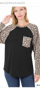Zenana 3/4 sleeve black top w/ leopard sleeves & leopard pocket