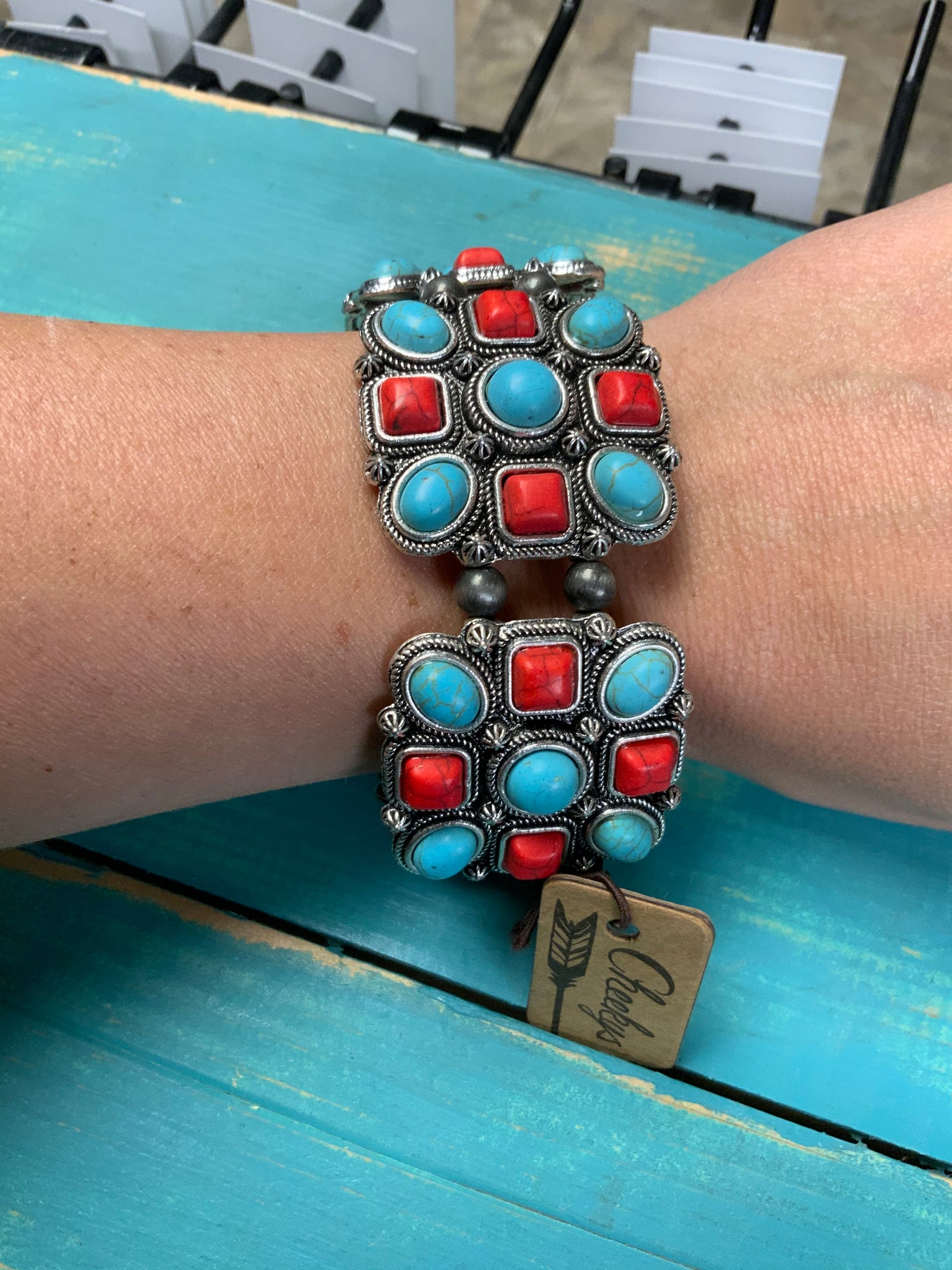 Cheekys red and turquoise stretch bracelet