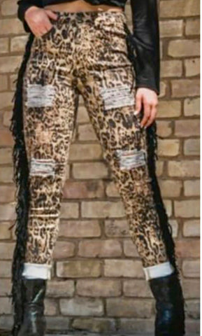 L&B Leopard Distressed Skinny Fringe Jeans