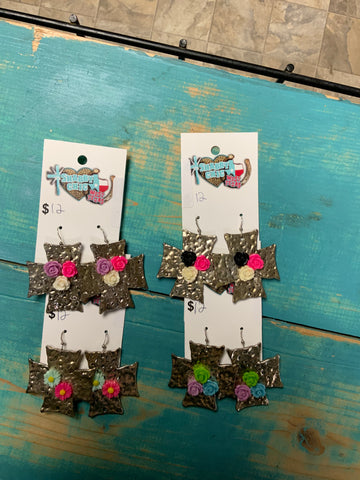 Metal earrings with multi color flowers
