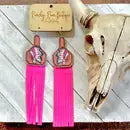 Headdress Earrings w/ Pink Fringe