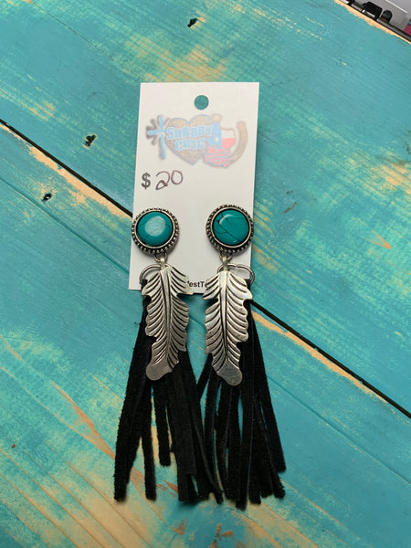 Leather fridge earrings with dangle feathers multi colors