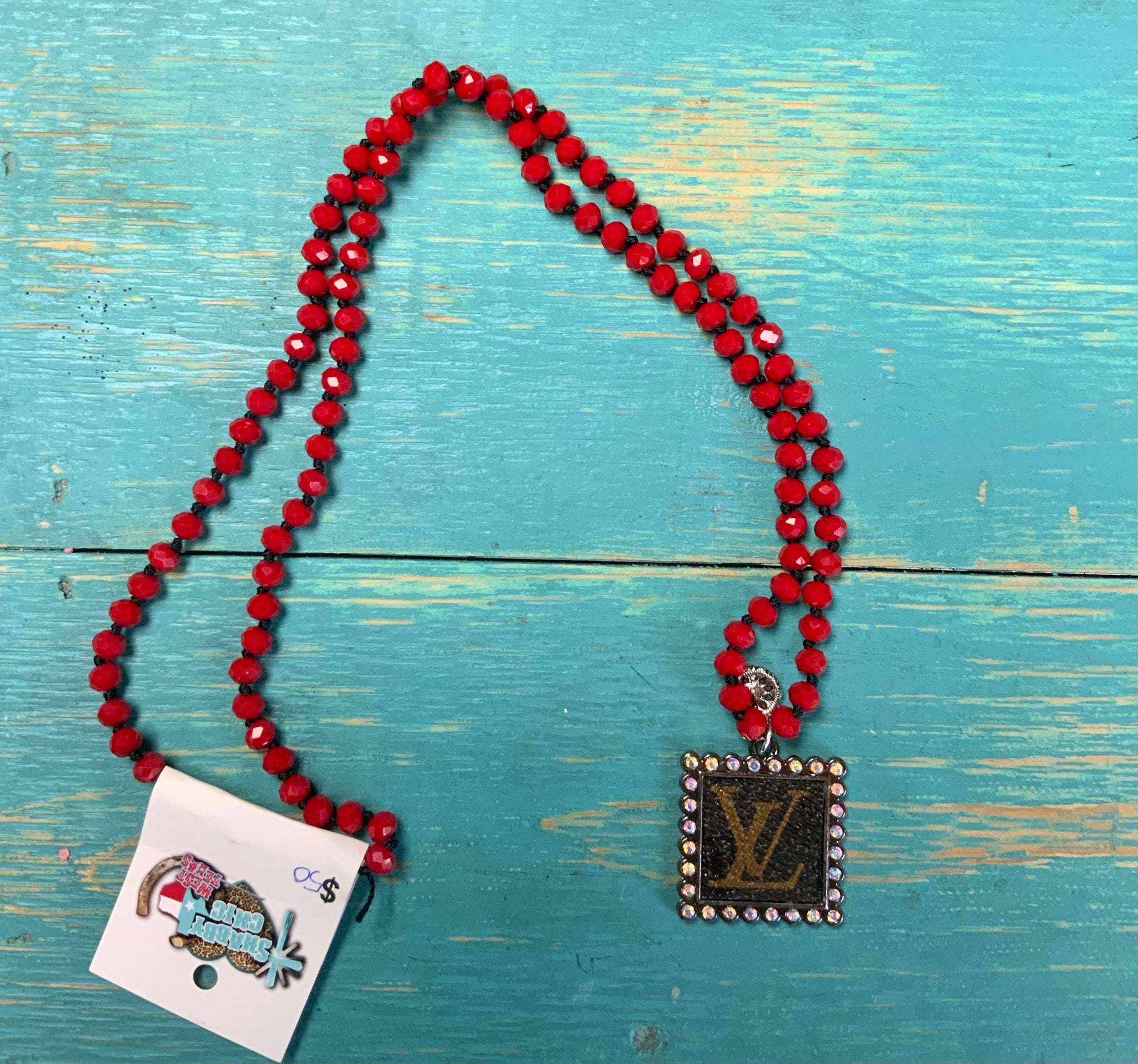 Upcycled long red bead necklace square charm