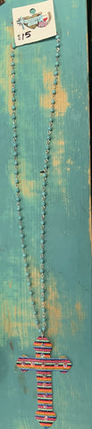 Long small turquoise beads necklace cross pendant