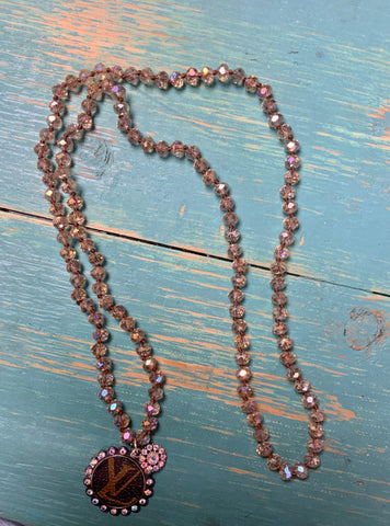 Long champagne bead necklace round Upcycled charm