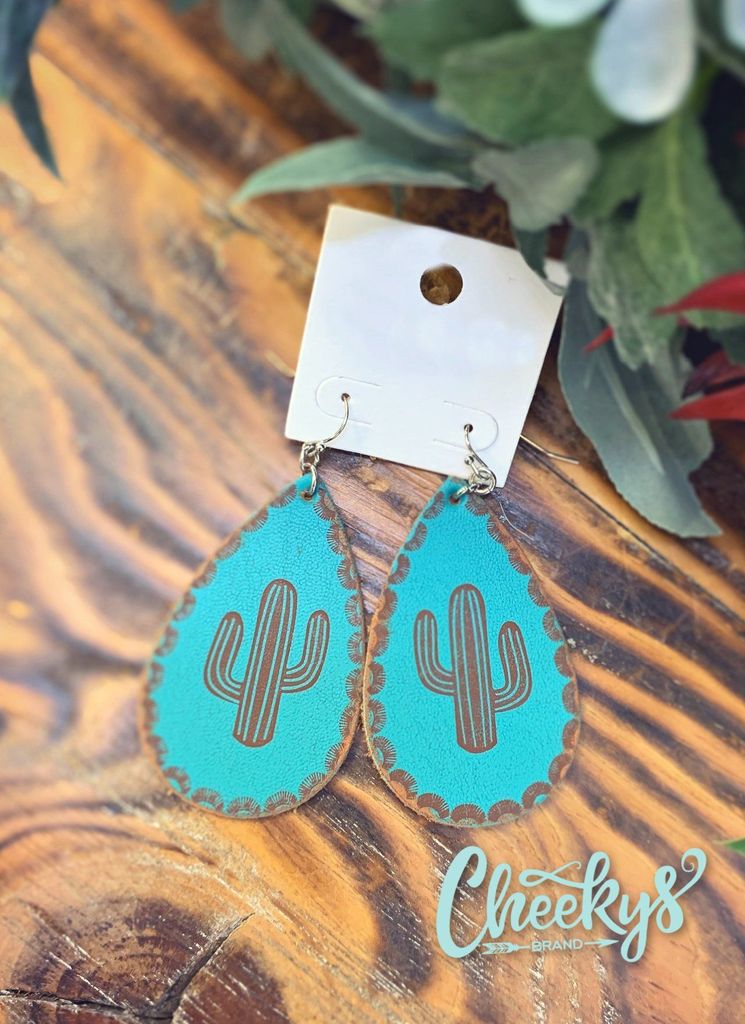 Cheekys Turquoise Cactus Leather Earrings