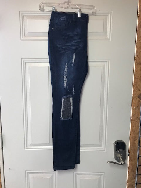 Dark blue skinny L&B jeans with cutouts and silver sequin patches LB-502