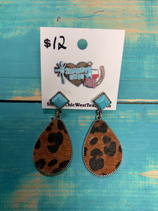 Metal hair on hide teardrop with Turquoise square Earring